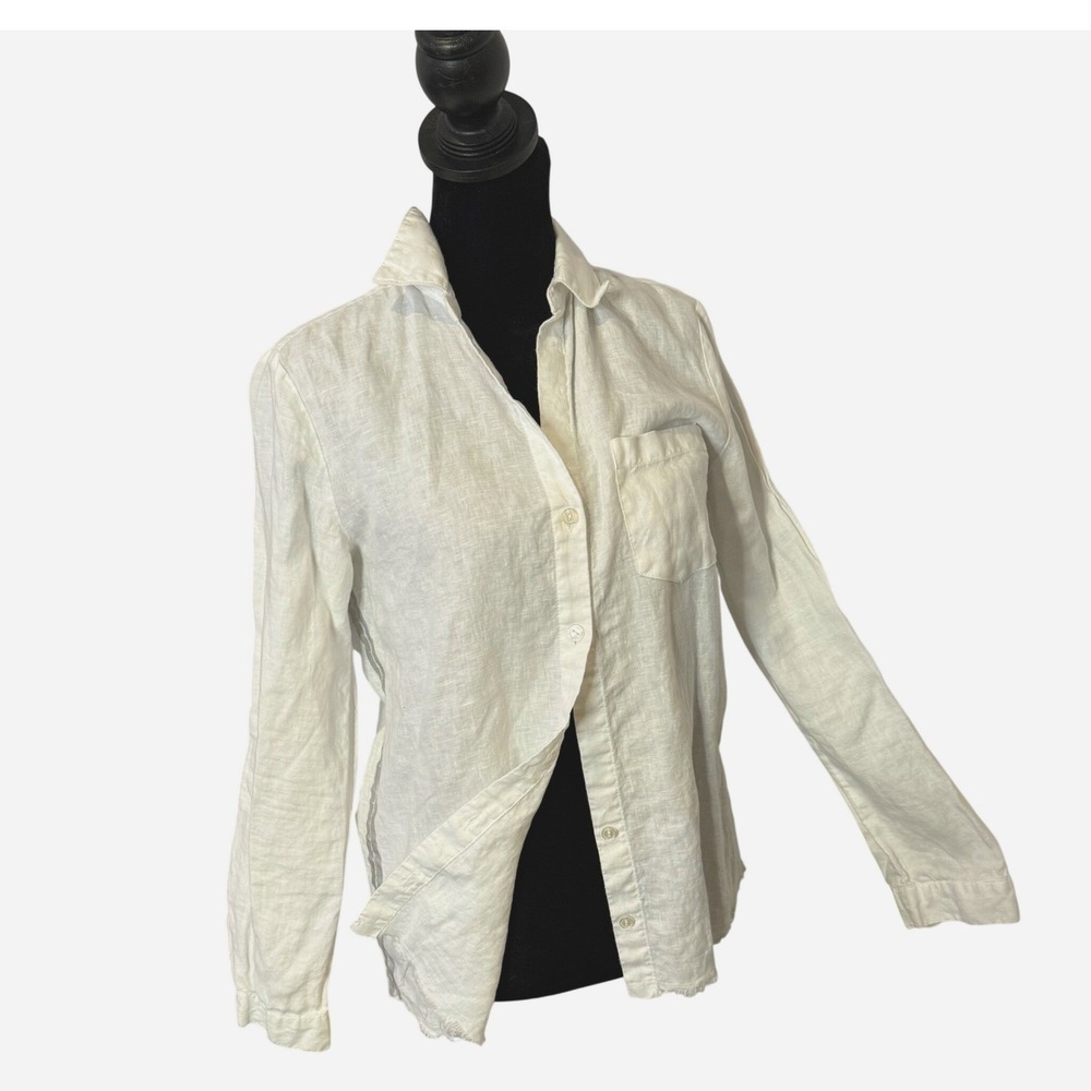 For Cynthia Linen Button White Shirt Metallic Stripe Womens PS Raw Hem Cover Up